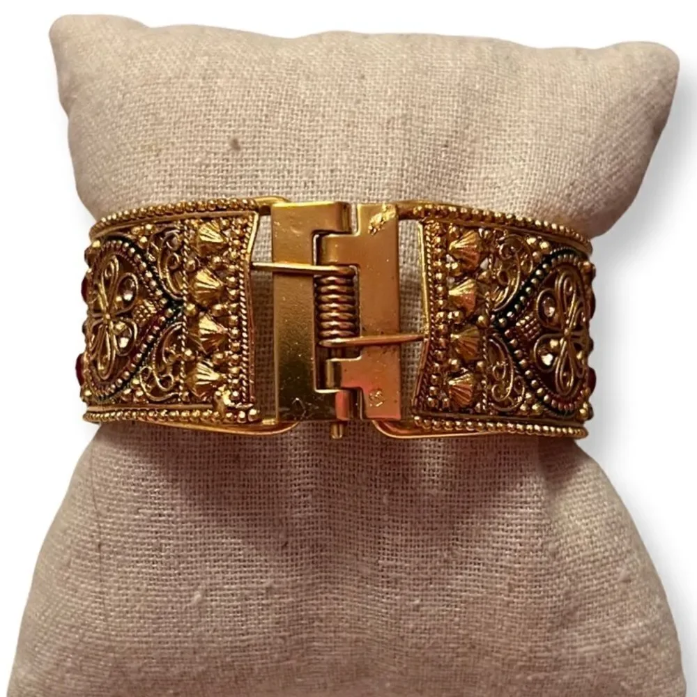 Indian Style Red Green Stone Gold Clamper Bracelet